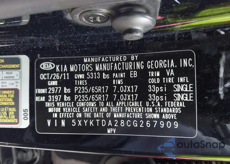 2012 Kia Sorento Lx V6 from USA, damaged, VIN 5XYKTDA28CG267909